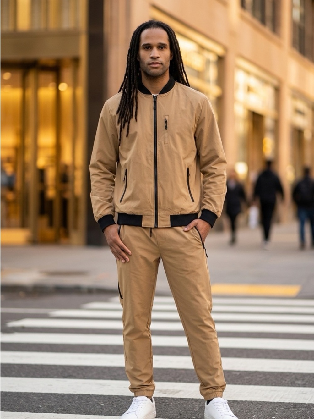 WEIV men’s Tan Bomber Jacket with Black Trim